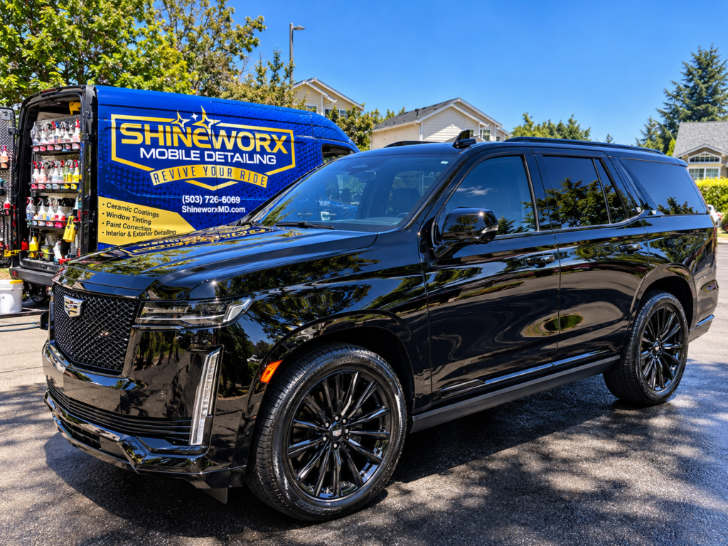 Glossy black SUV after professional exterior detailing