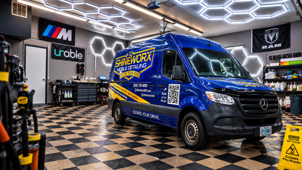 Shineworx auto detailing shop in Beaverton, Oregon with branded service van
