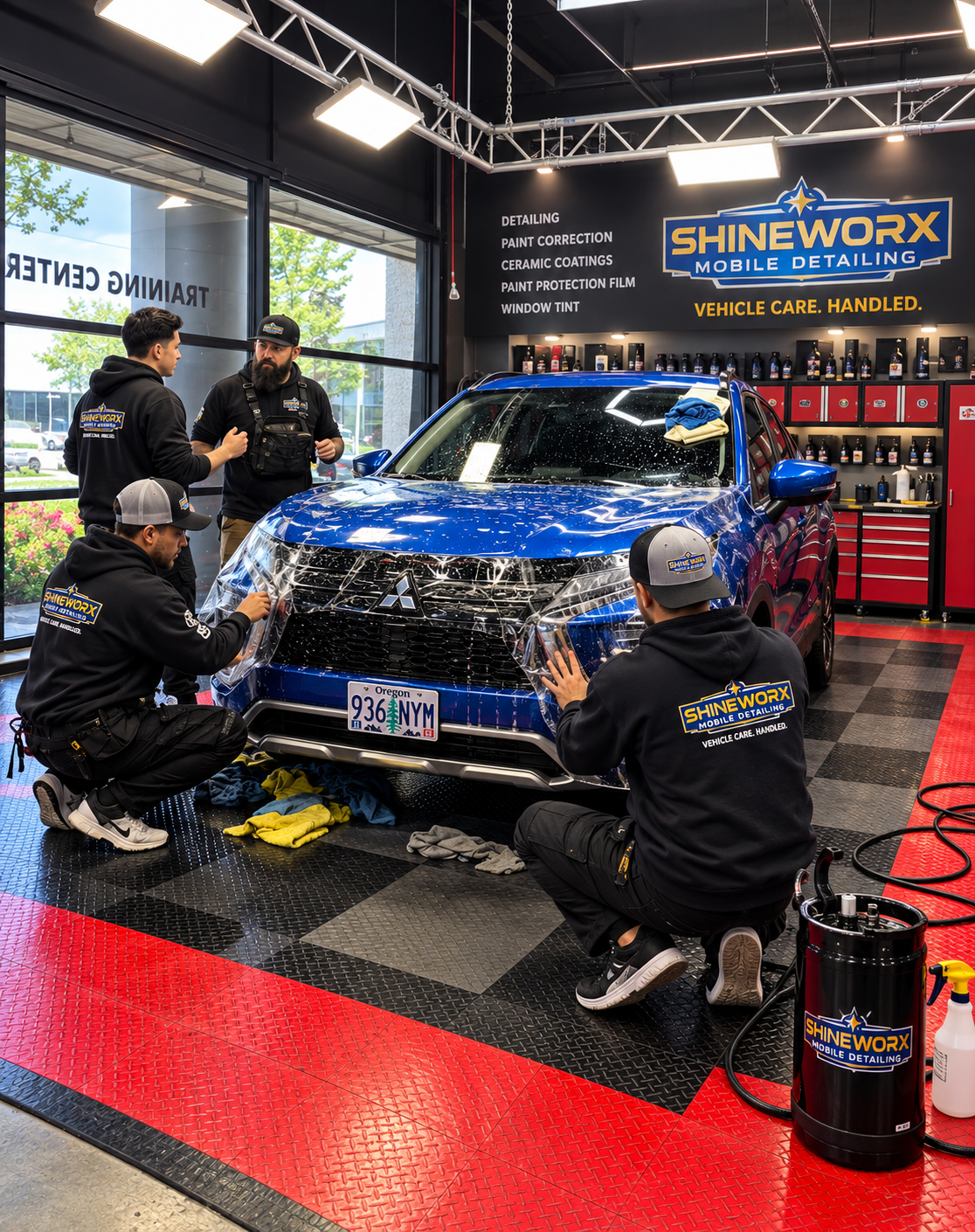 Shineworx team handling clear Paint Protection Film during installation