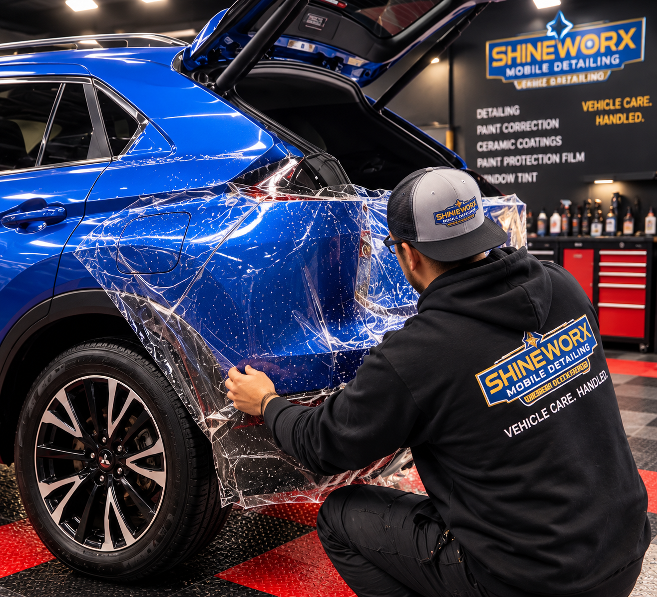 Paint Protection Film being professionally applied to a vehicle
