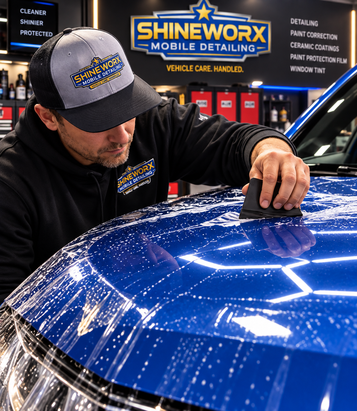 Shineworx technician professionally installing paint protection film