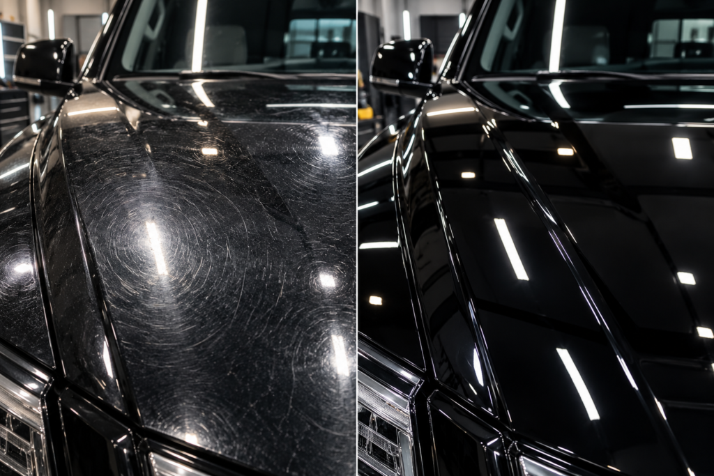 Before-and-after comparison of scratched black paint following paint correction